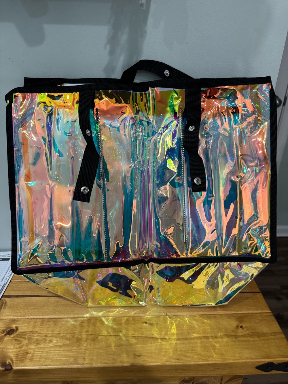 Holographic Iridescent Clear Tote Bag with Black Trim
